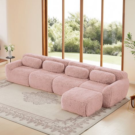 Canapé panoramique 4 places 378x179x73 cm - Canapé d'angle en L, canapé modulable, tissu très extensible, avec méridienne, librement combinable - Rose