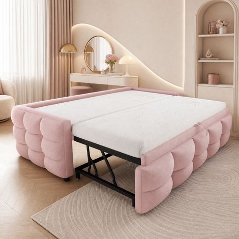 Cama tapizada extraíble 90/180 x 190 cm Teddy rosa con somier de láminas, sin colchón (1/5)