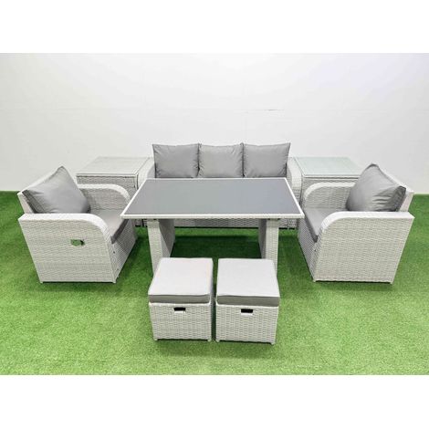 Fimous Outdoor Rattan Garden Furniture Dining Set 7-seater Patio Rectangular Table 3 Seater Sofa Reclining Chair Set with 2 Side Tables 2 Small Stools (1/4)