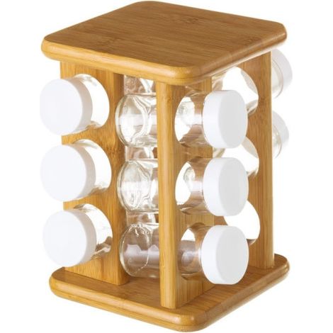Support à épices en bambou rotatif et ses 12 pots à épices en verre (1/3)