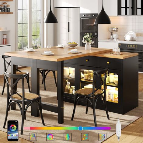 Îlot de cuisine extensible 120-200 cm avec LED éclairage, table à manger,table de bar,placard,meuble de cuisine moderne avec 2 tiroirs et  portes vitrées – buffet de rangement