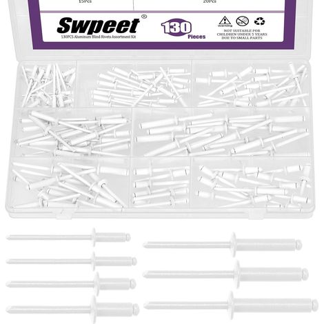 Kit de 130 pièces de rivets aveugles en aluminium blanc de 7 tailles, kit de rivets aveugles de grands flancs, rivets aveugles en aluminium pour poignées et rivets aveugles en acier avec tige (1/5)