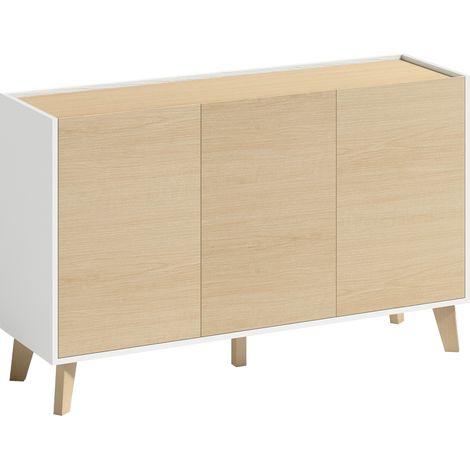 Credenza nordica a 3 ante e 6 scomparti, 120 cm, MDF, naturale e bianco (1/5)
