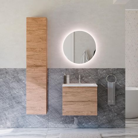 BERNSTEIN - Ensemble meuble vasque 60x46x50cm + Armoire Colonne 35x35x170cm & Miroir LED dimmable Ø60cm - Chêne miel - AVA (1/5)