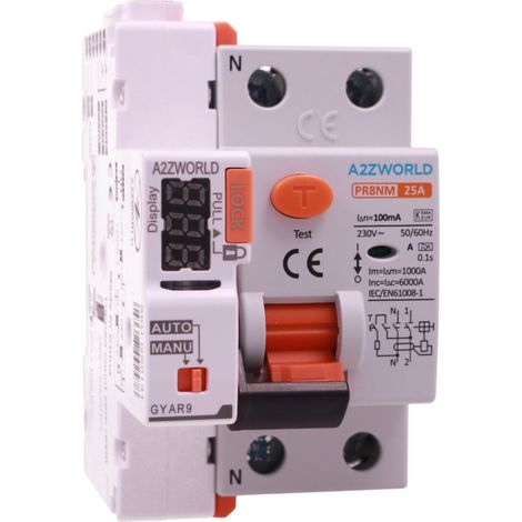 A2ZWORLD RCCB Interruttore Differenziale Puro Riarmo Automatico, Tipo A 1P+N 3M 6000A 100mA AC 230V IP20 IEC61008-1 PR8NM, Corrente Disponibili 25A 40A 63A (25A)