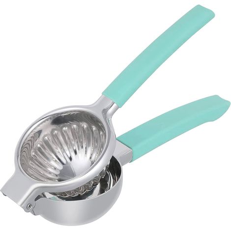 Zitronenpresse aus Edelstahl, rutschfester Silikongriff, robuste manuelle Metallpresse mit großem Fassungsvermögen (Queen Blue Juicer)