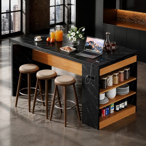 DESMIU Îlot de Cuisine avec LED, 2 Prises AC et 2 Ports USB, 3 Étagères Ouvertes, en MDF, Noir et Naturel 155 × 80 × 90 cm (1/5)