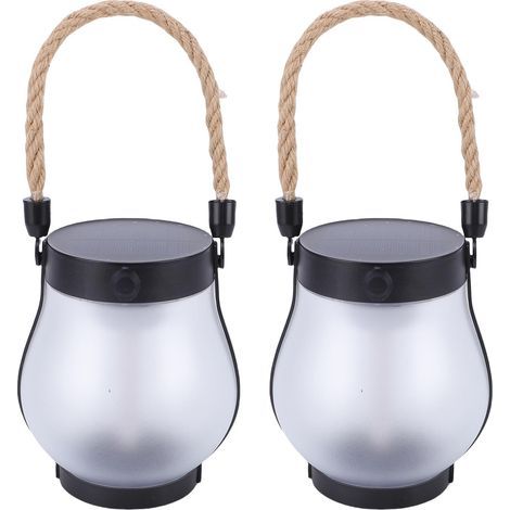 Outdoor solar lanterns, 2 pieces, USB powered, rechargeable, with realistic hemp rope design and flickering flame, for patio and yard (1/5)