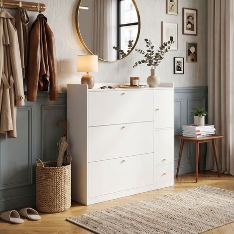 Creahappy Meuble à Chaussures 119x24x122 cm - Gain de Place avec 3 Tiroirs Basculants et Banc Pliable - Rangement Entrée - Blanc Moderne (1/5)