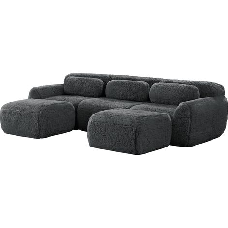 U-förmiges modulares Sofa aus grauem Plüschstoff, montagefrei, mit Kissen (1/5)