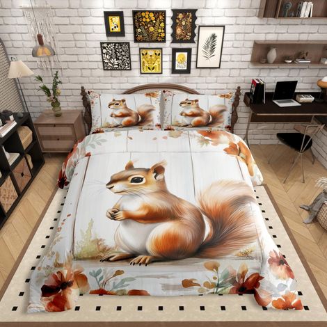 Parure de lit pour enfant - 135 x 200 cm - Avec housse de couette 135 x 200 cm - Motif écureuil mignon - Motif écureuil - Motif plante botanique - En microfibre douce (1/5)