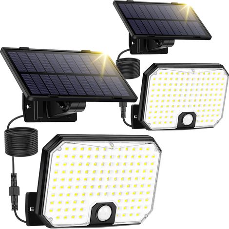 Paquet de 2 lampes solaires d'extérieur, 124 LED à détecteur de mouvement solaire avec télécommande, spots à énergie solaire étanches IP65 pour patio (1/5)