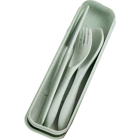 Ensemble de couverts en paille de blé, moderne et portable, avec boîte, idéal pour le bureau, l'école et les pique-niques (vert). (1/5)