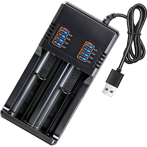 Chargeur Accu 26650/21700/18650/18490/16340/14500,2 Slots Li ION 3,7 V Chargeur Piles Rechargeable,Universels Intelligent Batterie Chargeurs avec Câble USB (1/5)