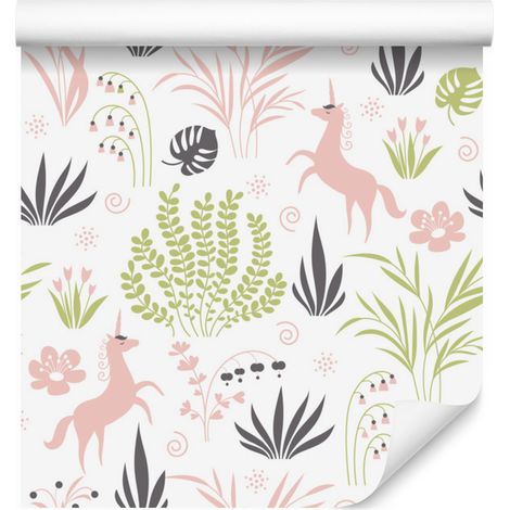 Papel pintado de unicornios y plantas para salón y dormitorio, 50x1000 cm. (1/5)