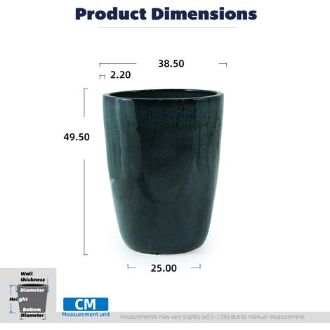 Grand vase en céramique pour plante, Ø 38,5 cm, hauteur 49,5 cm, glaçure vert mousse brillant dégradé, motifs coulés naturels, poreux, anti-gel, trous d'évacuation, idéal intérieur, balcon ou jardin. (1/5)