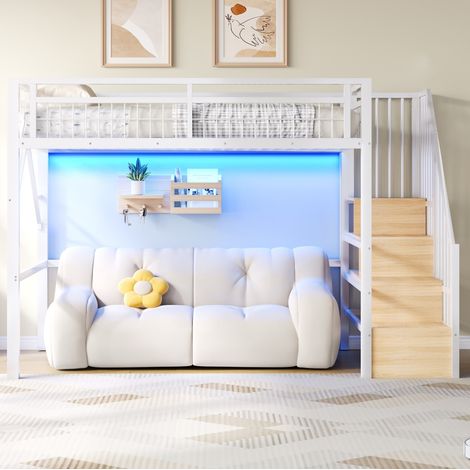 MEUBLIV Letto a soppalco 90 x 200 cm bianco con LED, scala contenitore, senza materasso (1/5)