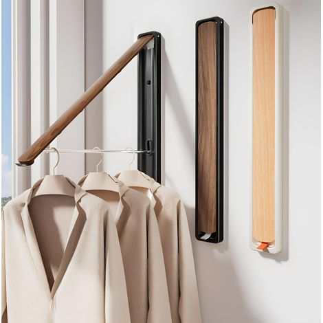 Tringle à vêtements pliable murale en aluminium – Crochet porte-manteau extensible, peu encombrant, design moderne aspect noyer ou hêtre (noir - noyer) (1/5)