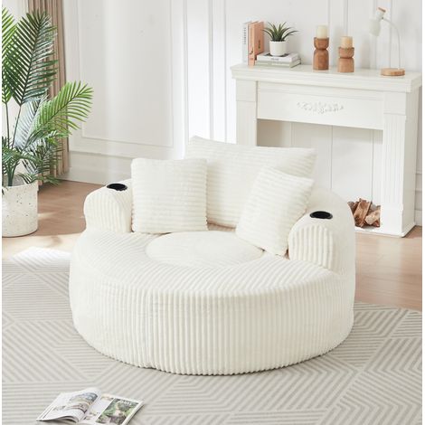 Fauteuil lounge rond 1 place en velours côtelé beige avec 2 porte-gobelets, pour salon – MEUBLIV (1/5)
