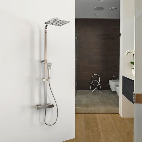 Columna Ducha termostática 38°C, Válvula de termostato cromada, Ducha de Baño, alcachofa grande cuadrada con manguera en Cromo de acero inoxidable, Aica Ducha Lluvia (1/9)
