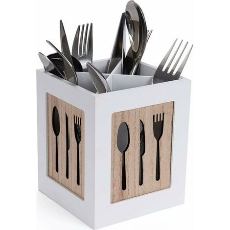 Boîte à couverts en bois - Panier à couverts pour cuillère, fourchette, couteau - Range-couverts décoratif avec motif couverts - Pour table à manger, cuisine, restaurant - Blanc (1/5)