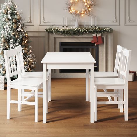 ELEGANT Dining Table and 4 Chairs Kitchen/Living Room Furniture, Solid Pine Wood Dining Room set White (1/7)