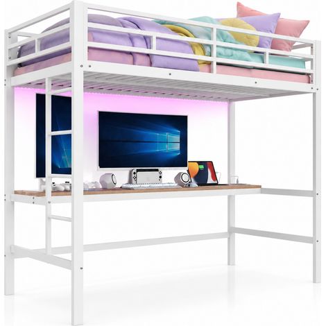 Letto a castello alto 90x200 cm con scrivania, scala, corrimano, USB, presa e luce LED a 7 colori controllabile via app, bianco, struttura in metallo - CHICFURN (1/5)