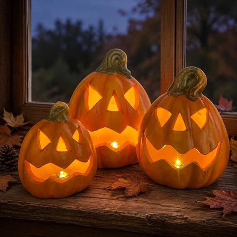 Lot de 3 minuteries LED Halloween citrouilles en terre cuite - Décoration de citrouille peinte à la main avec visages et éclairage - Décoration d'automne pour l'intérieur et l'extérieur (1/4)