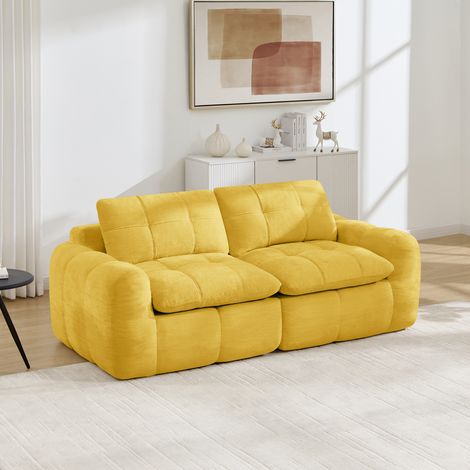 Canapé d'angle convertible 2 places, sellerie en velours côtelé, mousse résiliente 32D, piètement bois, design épuré, livraison en kit, parfait pour studio ou séjour, teinte moutarde. (1/5)