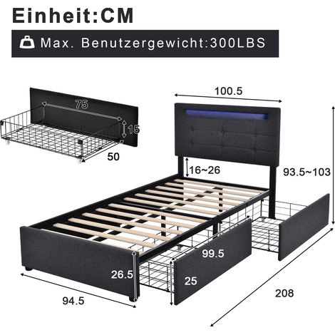 Cadre lit 90×200cm gris,éclairage LED et 2 tiroirs,lit simple rembourré,tête réglable en hauteur,base à lattes bois sans matelas