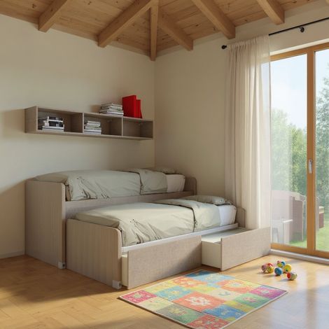 Coppia letti singoli scorrevoli con ruote e contenitori - Made in Italy - Effetto tessuto
