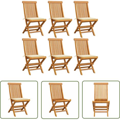 The Living Store Chaises de jardin et coussins crème lot de 6 Bois teck massif - Chaise De Jardin - Fauteuil De Jardin - Mobilier De Jardin - Table Basse - Set De Jardin (1/5)