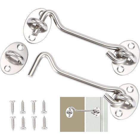 2 Stück, Türverriegelungshaken, silberfarbenes Edelstahl-Türhakenschloss, mit Befestigungsschrauben, für Fenster, Scheunentor, Schuppentür, Garagentor (15 cm) (1/5)