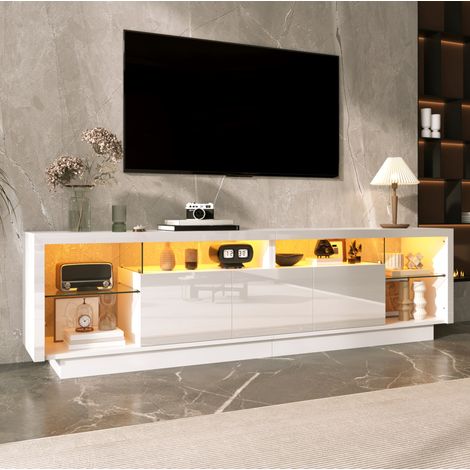 Mueble TV moderno 200 cm blanco, 3 puertas brillo, nichos de cristal, LED multicolor App, PB (1/5)