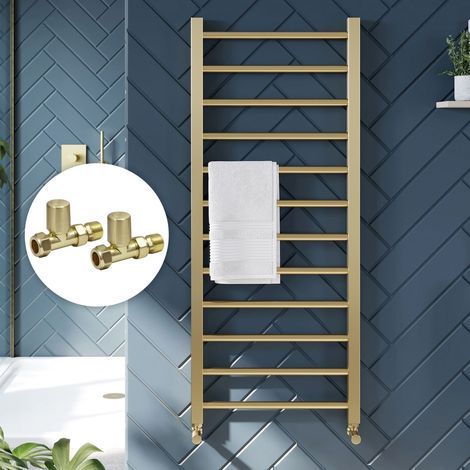 Brushed Brass 1200 x 500mm Heated Bathroom Towel Rail Warmer Ladder Radiator with Straight Manual Valves Pair (1/3)