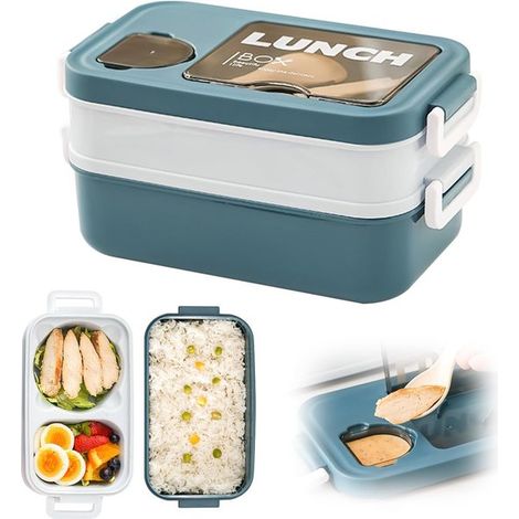 Zweistöckige Lunchbox – Umami Portedejeuner mit Soßenschälchen und Besteck, mikrowellengeeignetes Bento, luftdicht für Büro, Schule und Reisen (blau) (1/5)