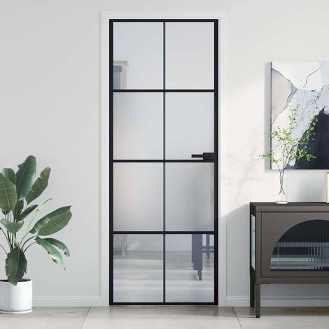 Porte intérieure fine, noire, 76 x 201,5 cm, verre trempé et aluminium