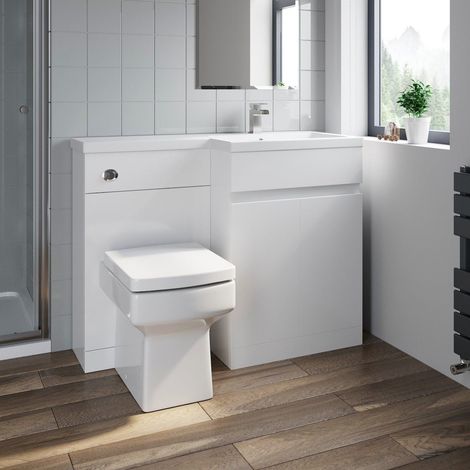 White Combination Vanity Unit Basin Sink Toilet Bathroom Furniture 1100mm Right Hand & Square Toilet Pan Matte