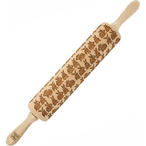 Mattarello in legno MoodForWood, inciso, 43 cm con manici, perfetto per la cottura al forno - Motivo coniglio (1/5)
