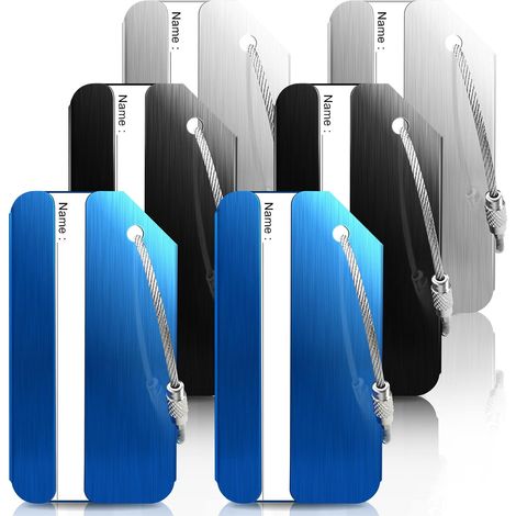 Étiquettes à Bagages 6 Pièces, Bagages Étiquettes en Alliage d'aluminium avec Cordes en Acier Inoxydable, étiquettes Valise (3 couleurs) (1/5)