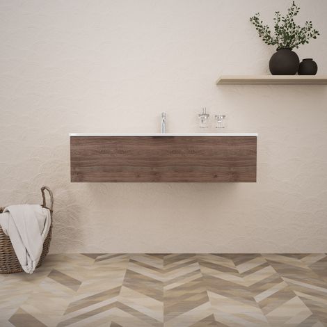 Inda - Badezimmerschrank B.120 mit glänzendem Waschbecken / Braune Eiche 1 Schublade - Topazio