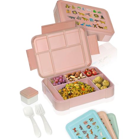 Bento Box - Boîte à déjeuner pour enfants - Incassable, anti-fuite - Avec couverts et gobelets - Sans BPA - Passe au lave-vaisselle et au micro-ondes - Capacité : 1330 ml (rose) (1/5)