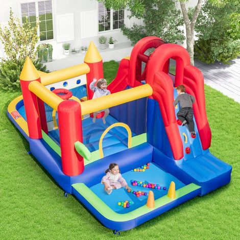 Château Gonflable 9 en 1 pour Enfants avec Toboggan Aquatique Canon à Eau et Piscine à Éclaboussures pour L’extérieur pour Le Jardin (avec Souffleur) Multicolore (1/2)