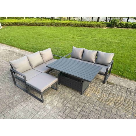 Fimous 4 Pieces Garden Furniture Set Aluminium Adjustable Rising Lifting Dining Table and Sofa Set with Big Footstool Dark Grey (1/5)