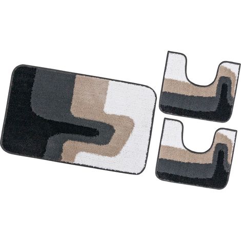 Tappeto Bagno Scendiletto Pelo Raso Morbido Assorbente Antiscivolo Lavabile Set 3 Pezzi - Grigio