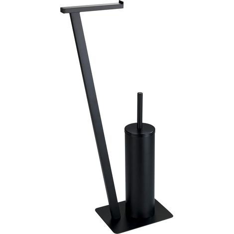WENKO Piantana set WC Lirio , stender per portarotolo e scopino WC, portarotolo WC, piantana portarotolo incl. scopino, acciaio verniciato, 15 x 68,5 x 30 cm, colore nero opaco (1/5)