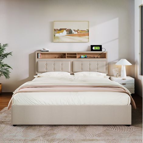 Letto contenitore imbottito in lino beige 160x200 cm con testiera regolabile, prese USB/Type-C, rete e materasso inclusi (1/5)