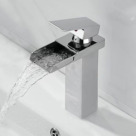 Robinet cascade noir pour salle de bain, mitigeur lavabo haut style chute d'eau. En laiton, commande unique, bec élevé, design contemporain pour une salle de bain moderne.