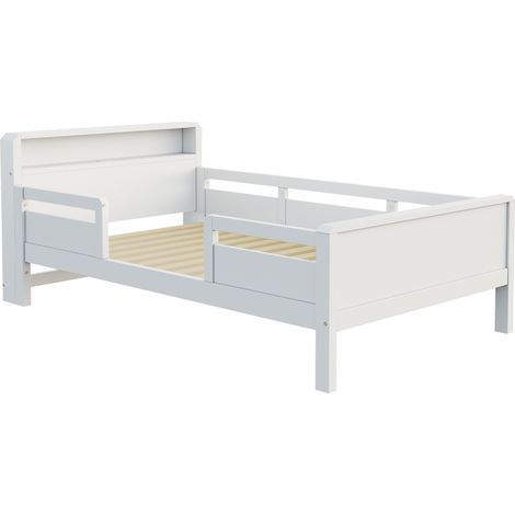 Kinderbett 90 x 200 cm aus weißem Holz mit Stauraum am Kopfteil und Schutzgittern (1/5)