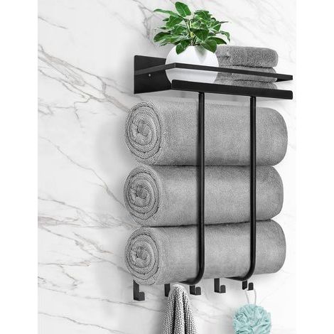 Porte-serviettes mural pour salle de bain, avec étagère métallique et 5 crochets, noir, idéal pour les petites salles de bain. (1/5)
